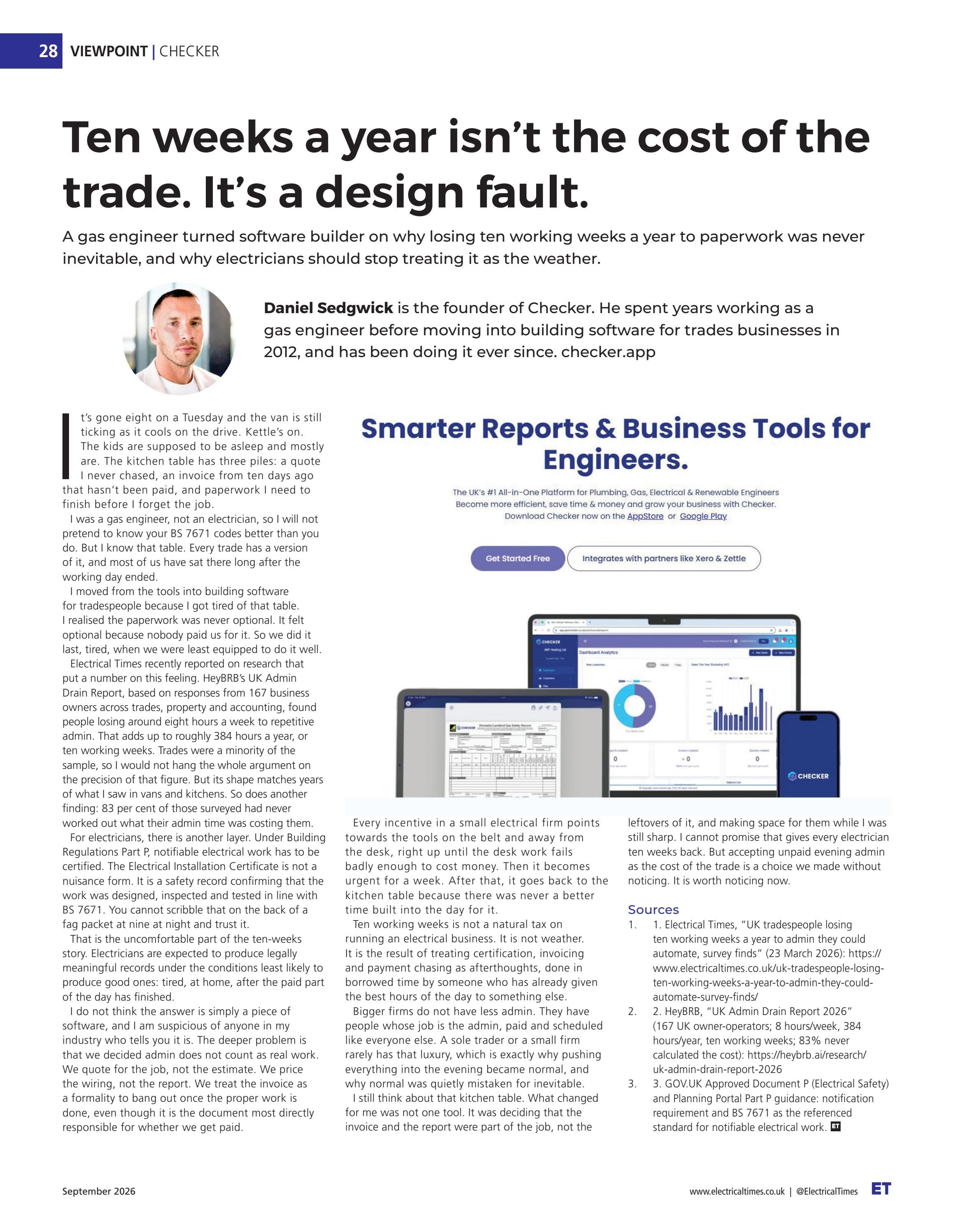 Electrical Times September 2026 page featuring Daniel Sedgwick of Checker on the cost of trade administration.
